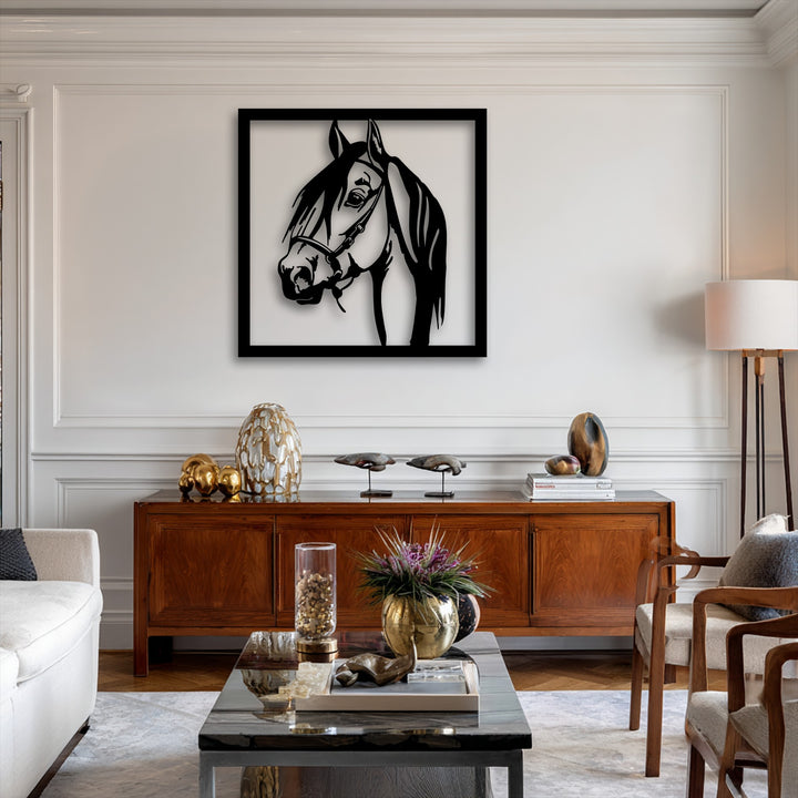 The geometric elements, including sharp lines and angular forms, define the modern horse metal decoration wall art, portraying a majestic stallion portrait.