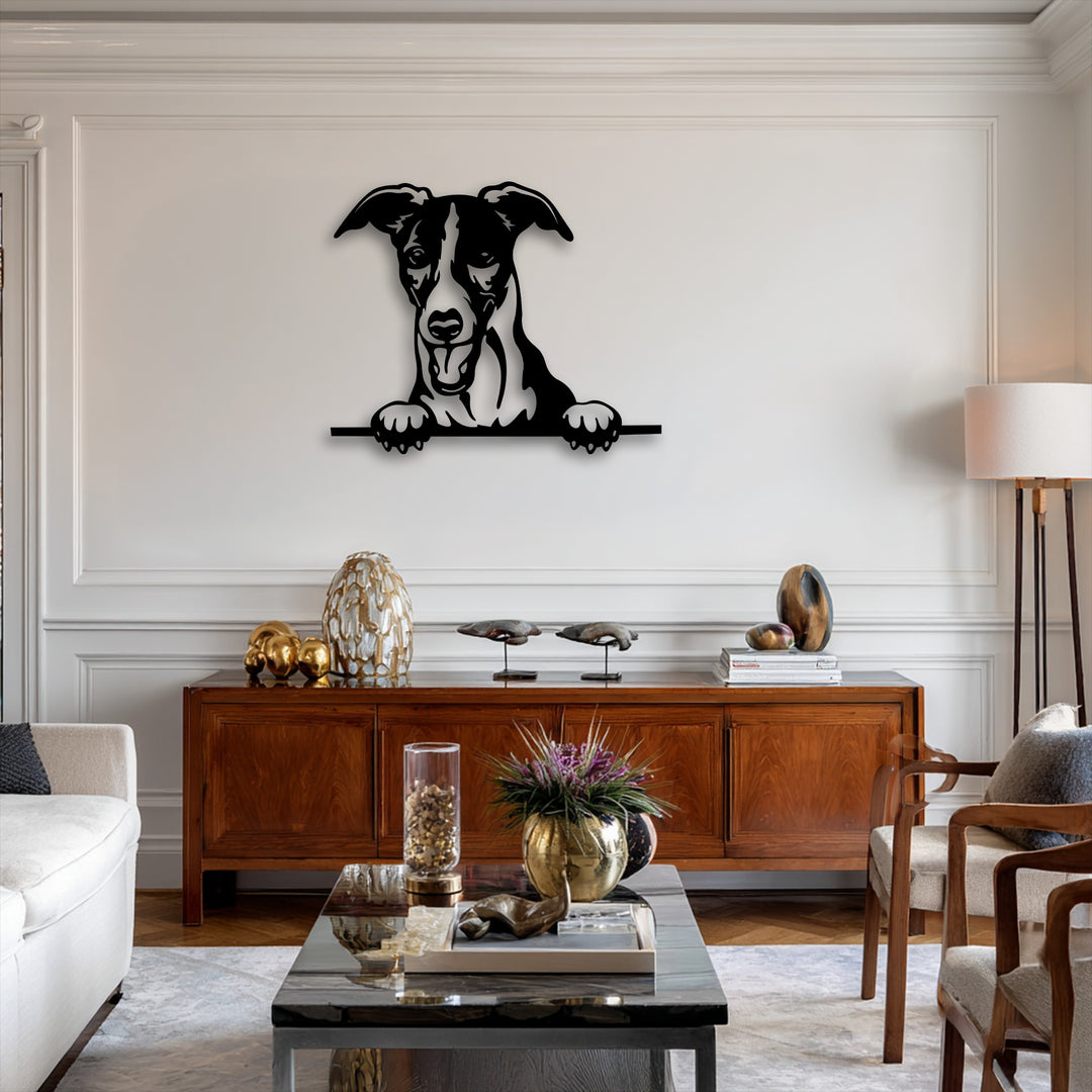 A captivating black metal art piece depicts a curious puppy peeking over a ledge, serving as a playful decorative metal art accent on a white wall.