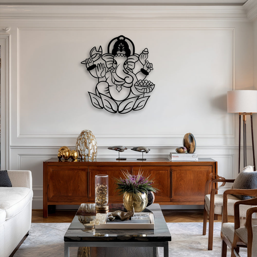 A prominent black stylized Ganesha metal art for wall depicts the sacred elephant deity seated on a lotus.