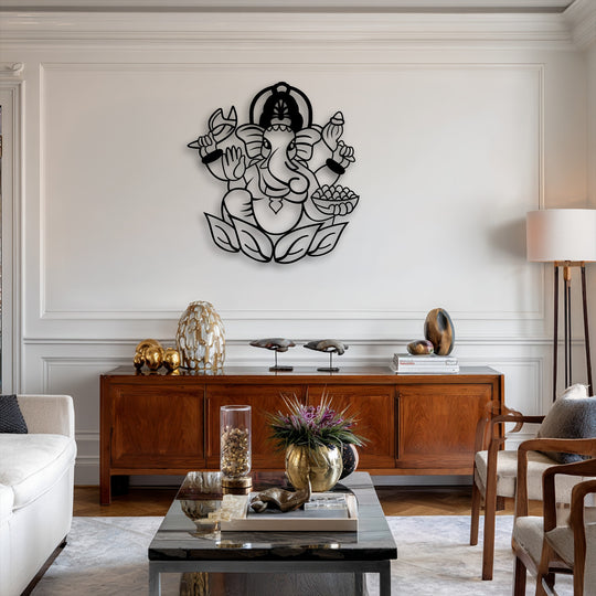A prominent black stylized Ganesha metal art for wall depicts the sacred elephant deity seated on a lotus.