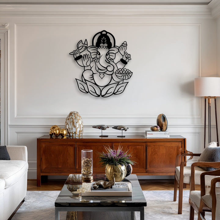 A prominent black stylized Ganesha metal art for wall depicts the sacred elephant deity seated on a lotus.