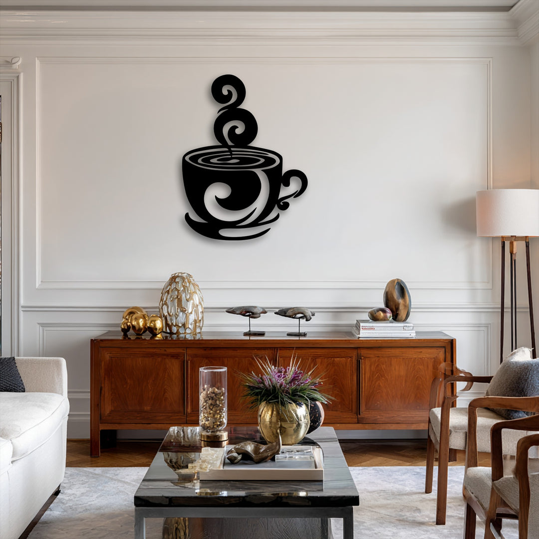 The stillness of a modern living area is highlighted by the elegant black swirling coffee cup metal wall decor above a wooden console.