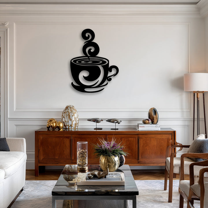 The stillness of a modern living area is highlighted by the elegant black swirling coffee cup metal wall decor above a wooden console.