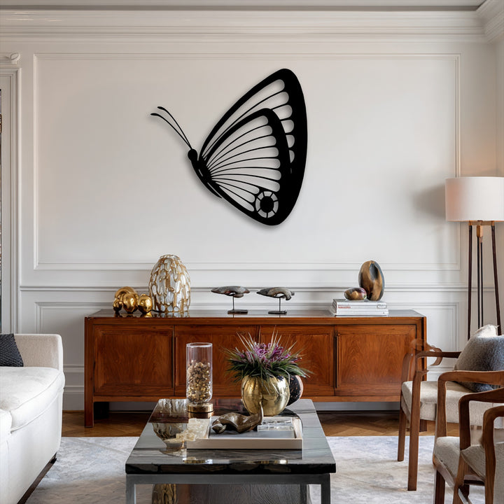 Creamy white walls provide a serene backdrop for elegant butterfly metal wall art, a beautiful piece of decoration wall art.