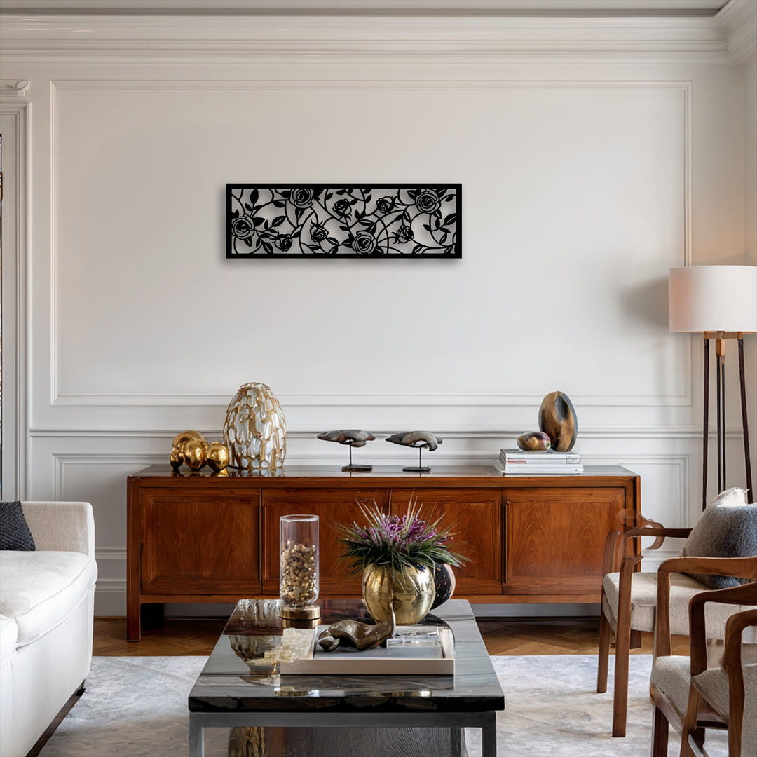 The sleek matte black finish of the elegant Rose Garden floral vine metal art for wall creates a stunning silhouette.