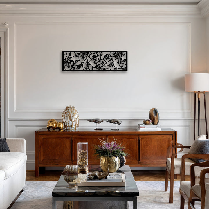 The sleek matte black finish of the elegant Rose Garden floral vine metal art for wall creates a stunning silhouette.