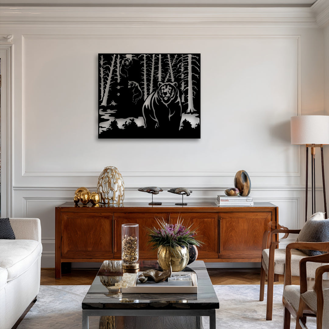 The striking color contrast of the black unique metal wall art depicting a wild forest bear scene against a pristine white wall creates a bold statement.