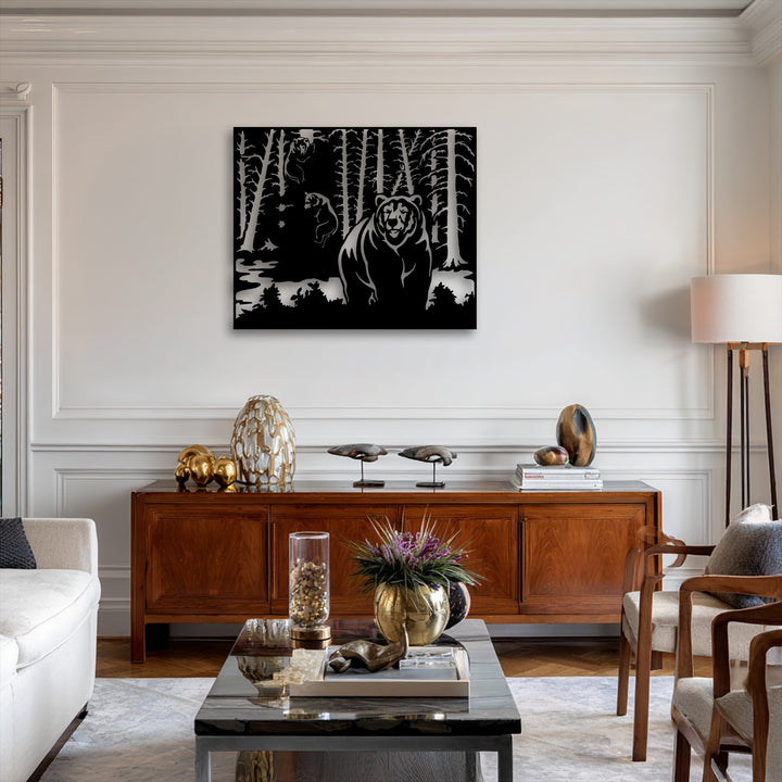 The striking color contrast of the black unique metal wall art depicting a wild forest bear scene against a pristine white wall creates a bold statement.