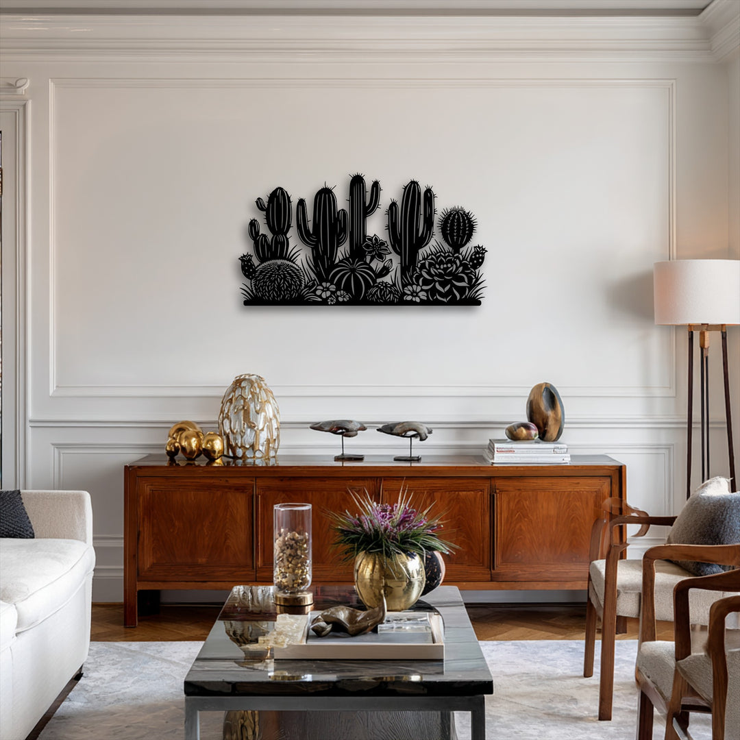A serene mood created by the striking desert cactus garden silhouette decorative metal art in an elegant living room.
