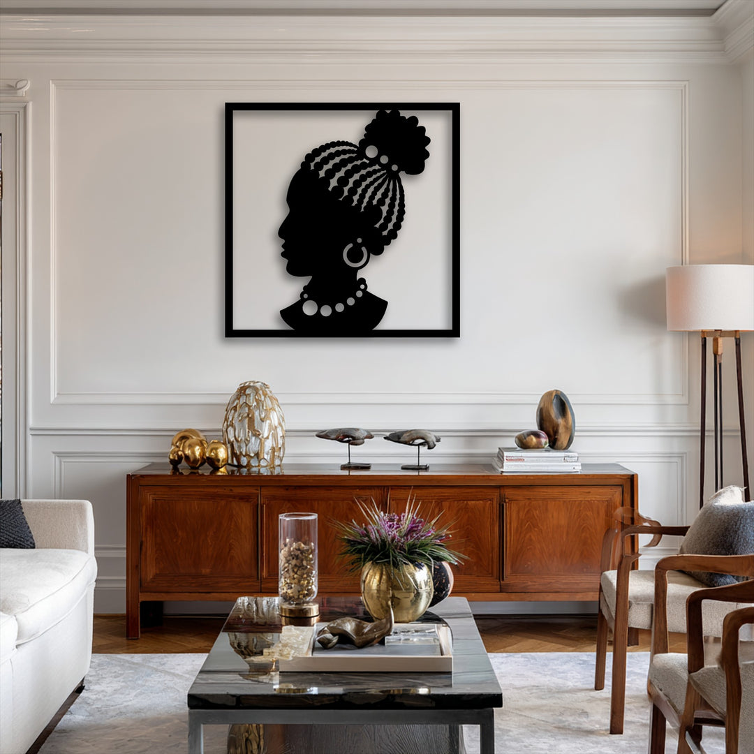 An elegant African woman silhouette in black, featuring a braided updo and distinctive jewelry, serves as captivating metal art for wall decor.
