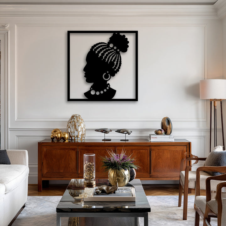 An elegant African woman silhouette in black, featuring a braided updo and distinctive jewelry, serves as captivating metal art for wall decor.