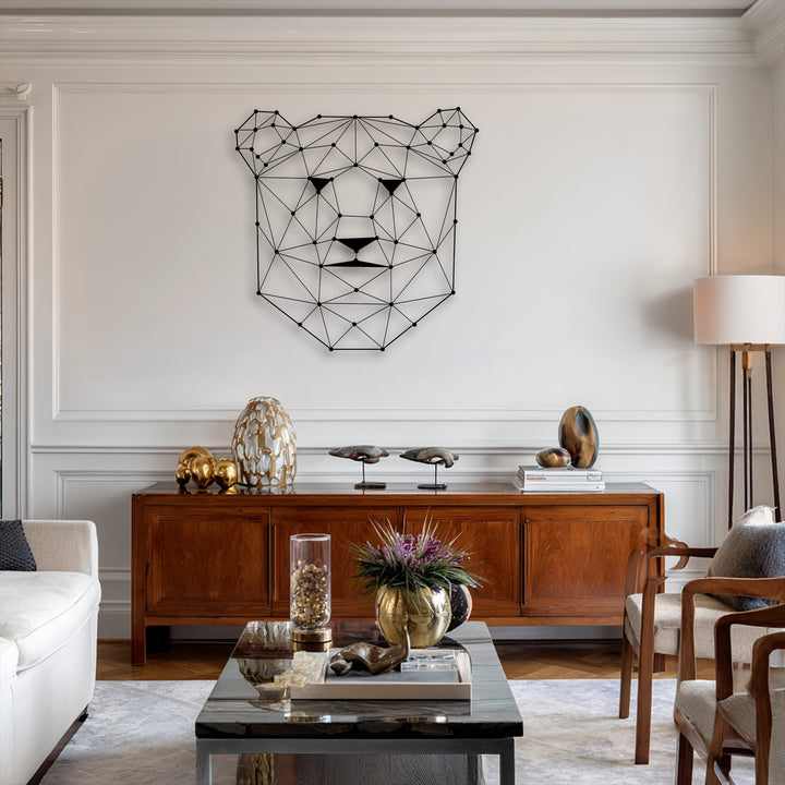 With balanced color saturation, a striking geometric bear face metal decoration wall art hangs above a rich wooden console.