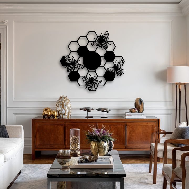The crisp hexagonal edges and intricate borders define this stunning honeycomb bees metal decoration wall art, creating a bold, nature-inspired focal point.