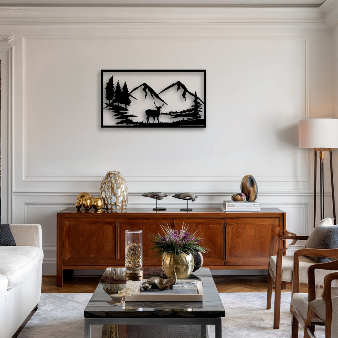 Strong light and shadow define the intricate majestic mountain deer silhouette metal wall art, a striking nature landscape decoration wall art piece.