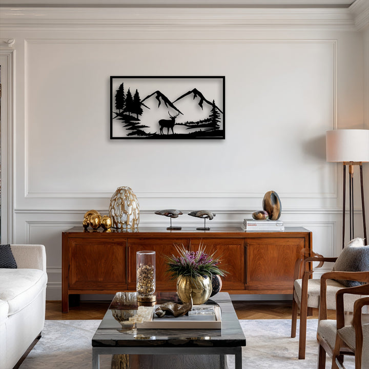 Strong light and shadow define the intricate majestic mountain deer silhouette metal wall art, a striking nature landscape decoration wall art piece.