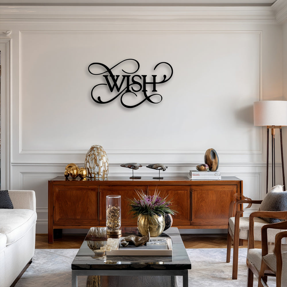 The elegant script of the Wish metal decoration wall art creates a harmonious visual rhythm above the rich wooden cabinet.