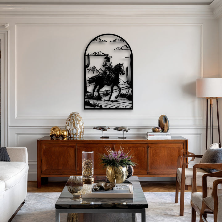 The stillness of a western desert scene is captured in a striking metal wall decor piece, showcasing a cowboy on horseback.