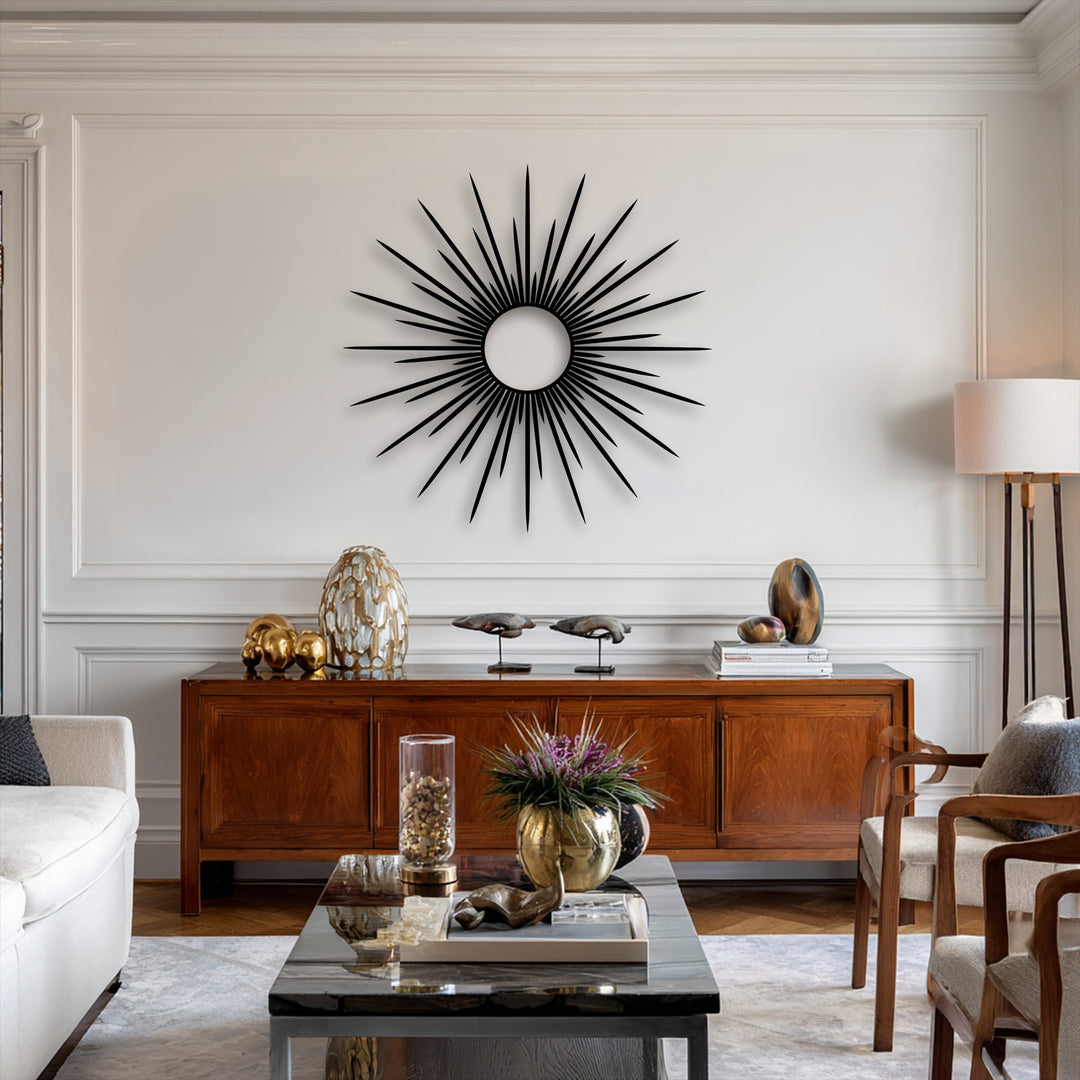 The radiant sunburst metal wall art provides a focal point of stillness amidst the carefully curated contemporary decoration wall art and furnishings.