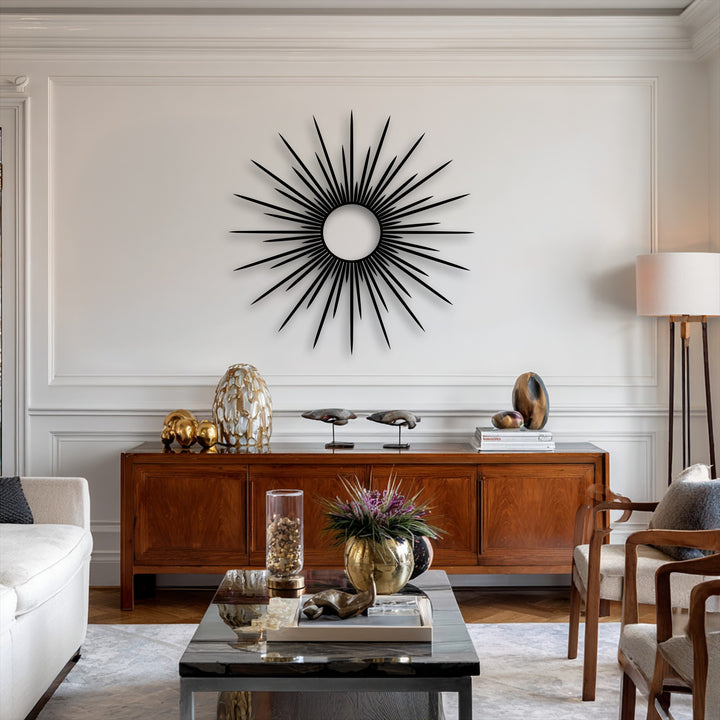 The radiant sunburst metal wall art provides a focal point of stillness amidst the carefully curated contemporary decoration wall art and furnishings.