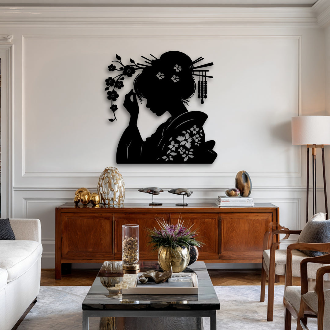 The matte black finish of this elegant Geisha oriental silhouette metal art for wall emphasizes its striking profile and intricate details.