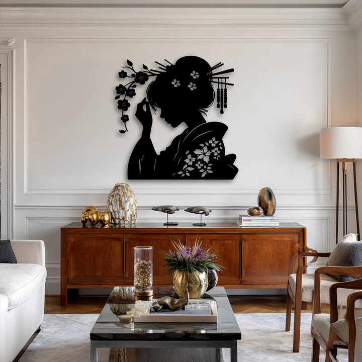 The matte black finish of this elegant Geisha oriental silhouette metal art for wall emphasizes its striking profile and intricate details.