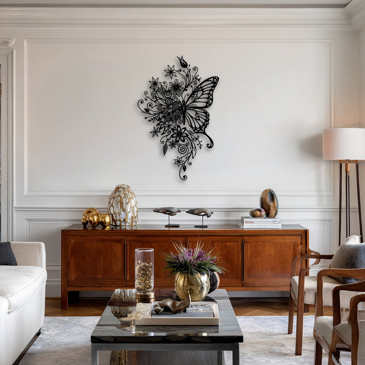 The realistic detail reveals the intricate design of the black butterfly and sprawling floral motifs, creating striking decorative metal art.