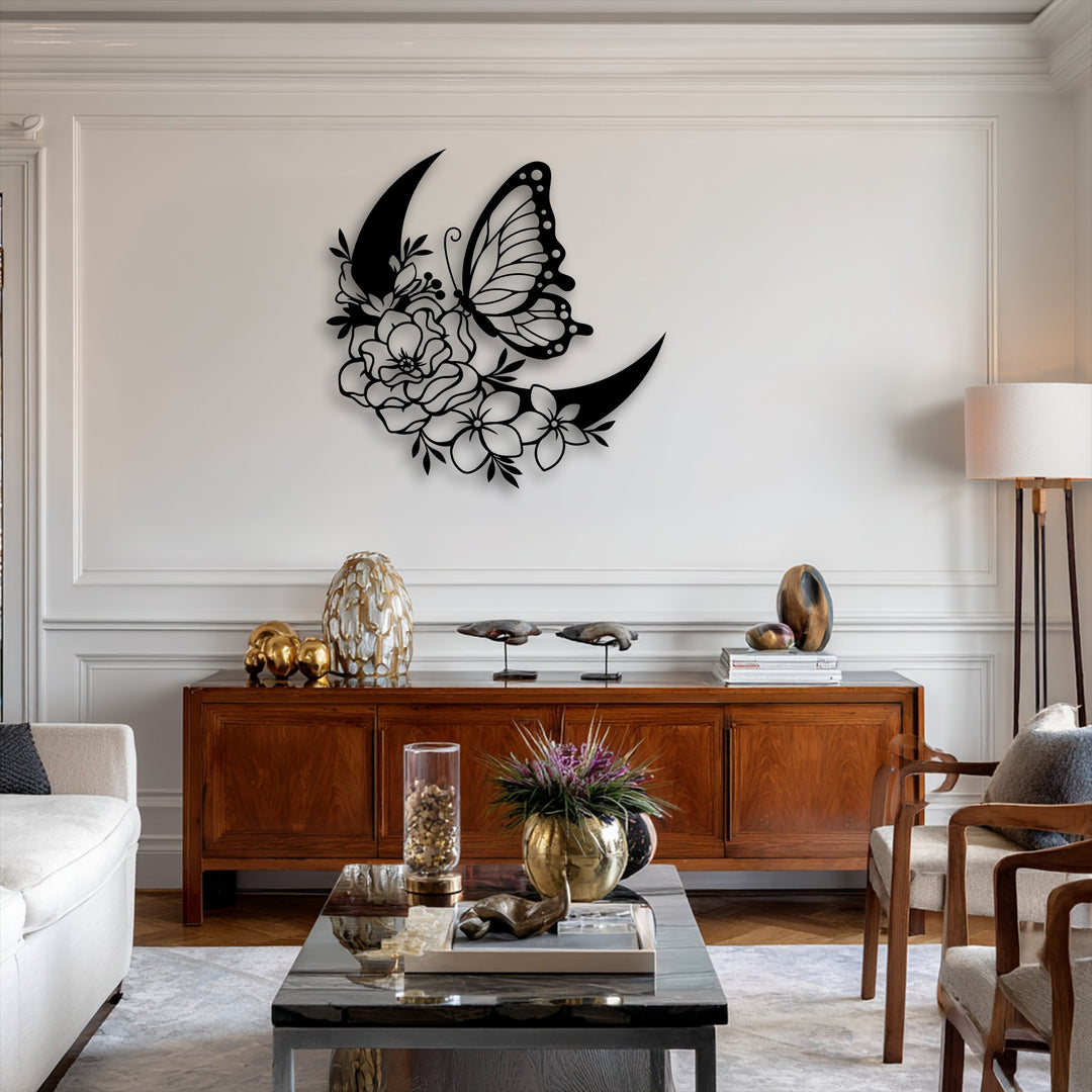 The elegant crescent shape forms a captivating geometric element in this lunar bloom metal artwork.