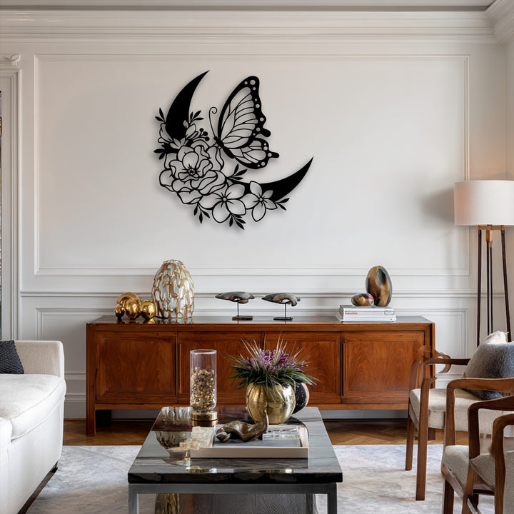 The elegant crescent shape forms a captivating geometric element in this lunar bloom metal artwork.