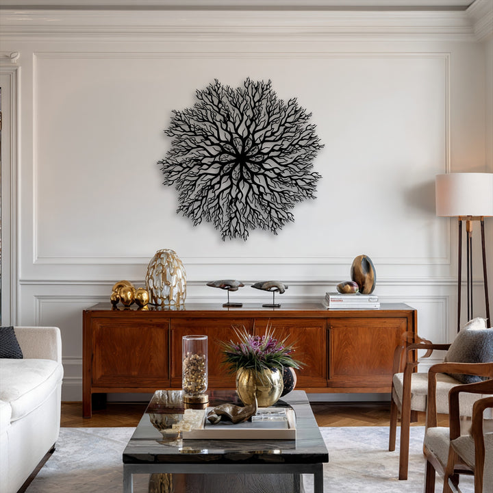 The darkest area showcases an intricate black tree roots mandala metal decoration wall art with a captivating circular, nature-inspired design.