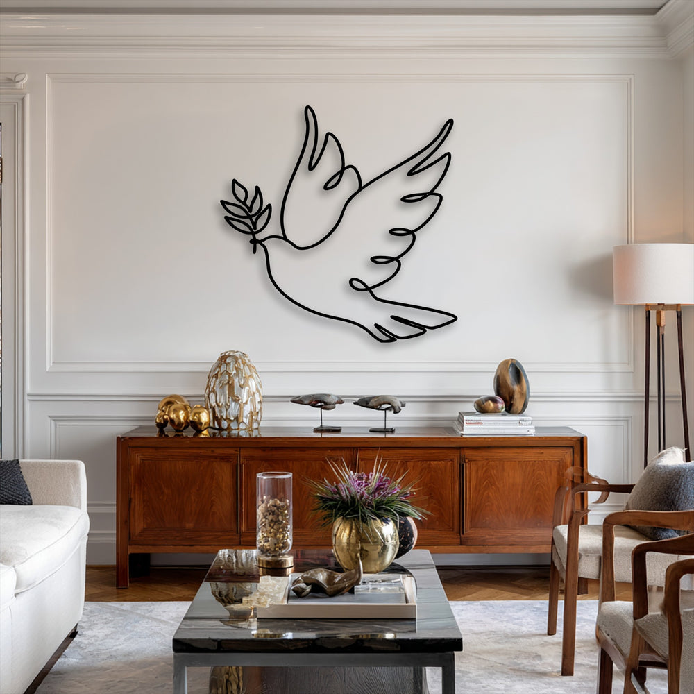 The sleek, matte black finish of the unique metal wall art displays a minimalist dove line art peace symbol.