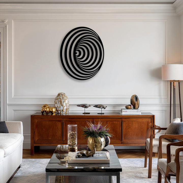 The tranquil room is anchored by the hypnotic spiral circle metal wall art, a captivating geometric illusion and an elegant decoration wall art.
