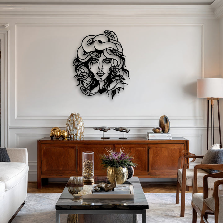 The stark white negative space expertly defines the captivating features of the Medusa metal wall decor, emphasizing its mythological snake goddess design.