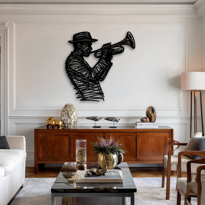 The metal artwork features sharply defined edges, crafting a bold silhouette of a jazz trumpet player.
