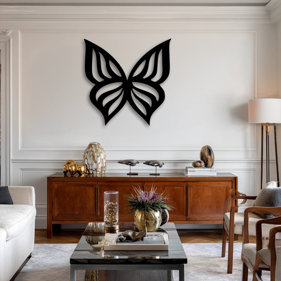 Soft light creates a distinct shadow behind the elegant butterfly silhouette metal wall art, enhancing its minimal nature decor as a decoration wall art piece.