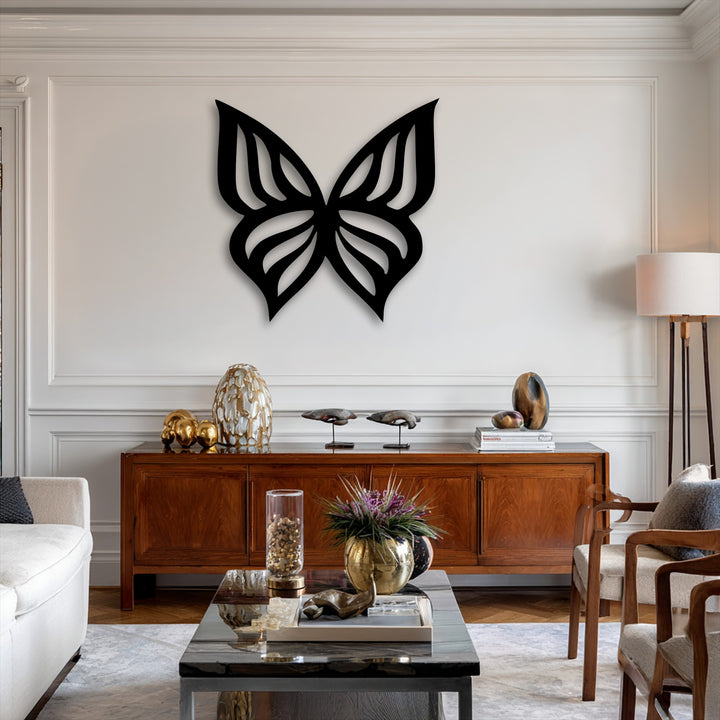 Soft light creates a distinct shadow behind the elegant butterfly silhouette metal wall art, enhancing its minimal nature decor as a decoration wall art piece.