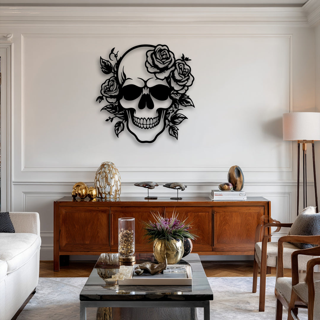 A sleek dark marble coffee table in the foreground features a vibrant plant in a gold pot, complementing the gothic rose skull metal artwork.