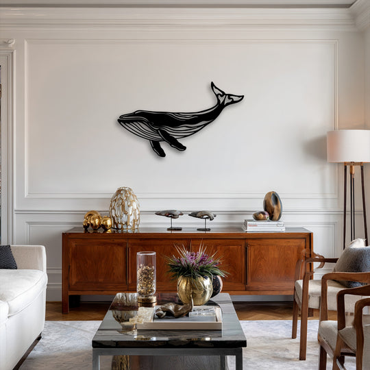 The high color saturation highlights the majestic whale silhouette decorative metal art above a polished wooden cabinet adorned with vivid gold and cream decor.