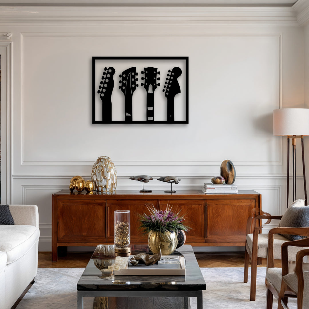 The smooth, matte black surface texture of the music-inspired metal artwork, featuring guitar headstock silhouettes, adds modern elegance.
