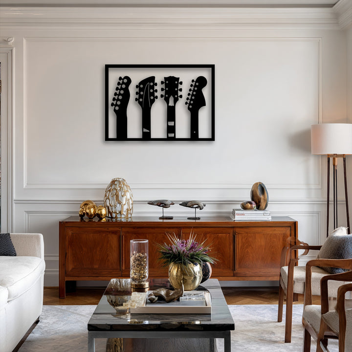 The smooth, matte black surface texture of the music-inspired metal artwork, featuring guitar headstock silhouettes, adds modern elegance.