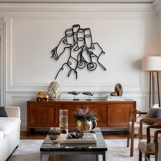 The striking transition from the bright white wall to the bold black lines of the Cheers Moment metal wall decor creates a captivating visual contrast.