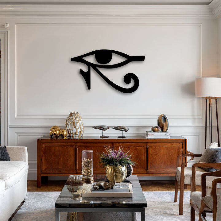 The Eye of Horus decorative metal art anchors a room with its stark contrast, enhanced by the subtly saturated natural textures and warm muted tones.
