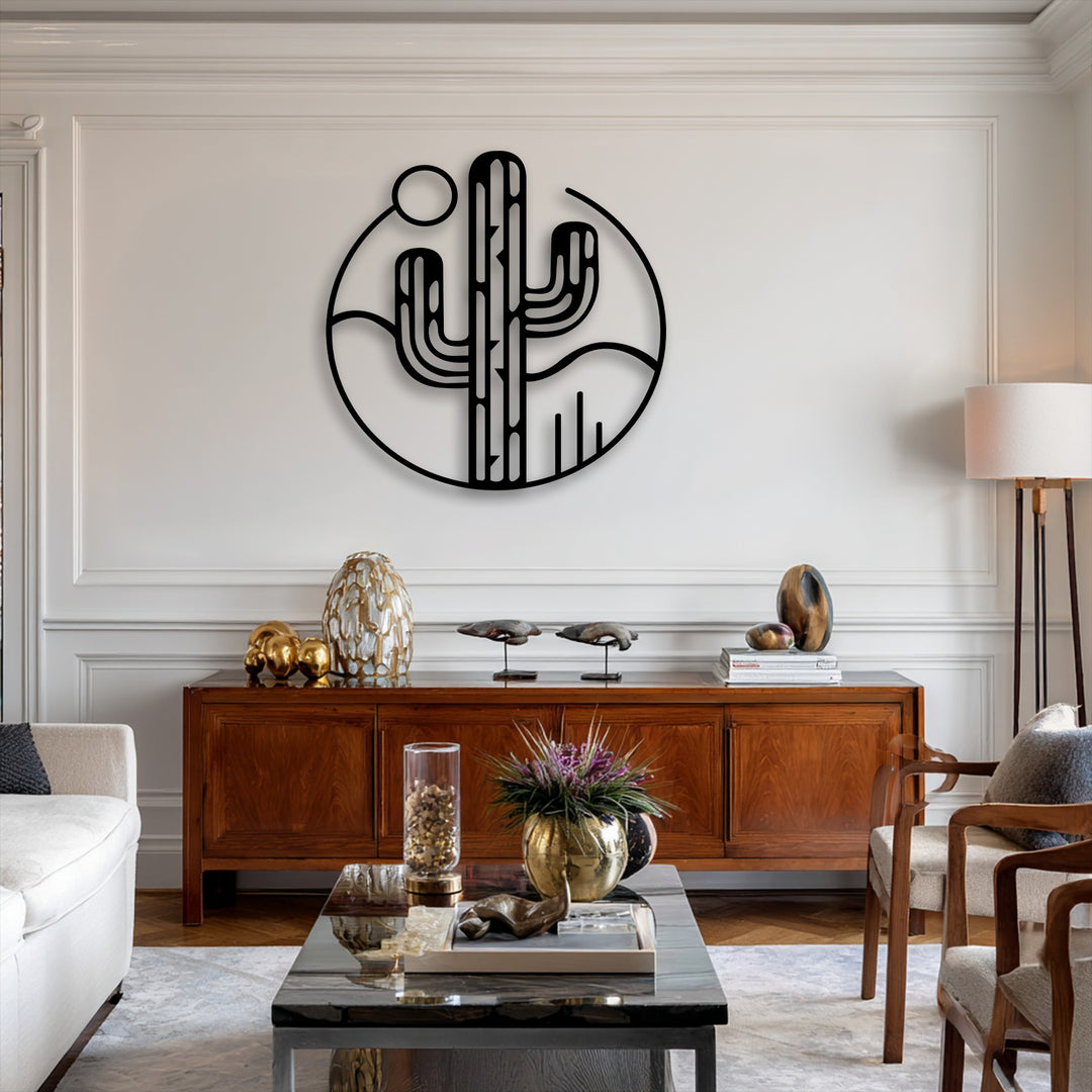 The organic forms of the minimal desert cactus metal wall art depict a stylish southwest landscape, providing contemporary decoration wall art.