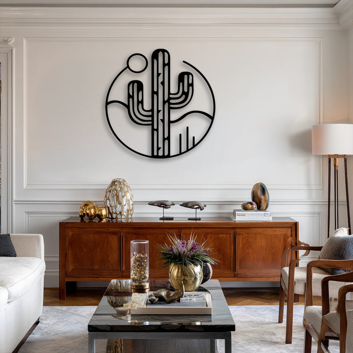 The organic forms of the minimal desert cactus metal wall art depict a stylish southwest landscape, providing contemporary decoration wall art.