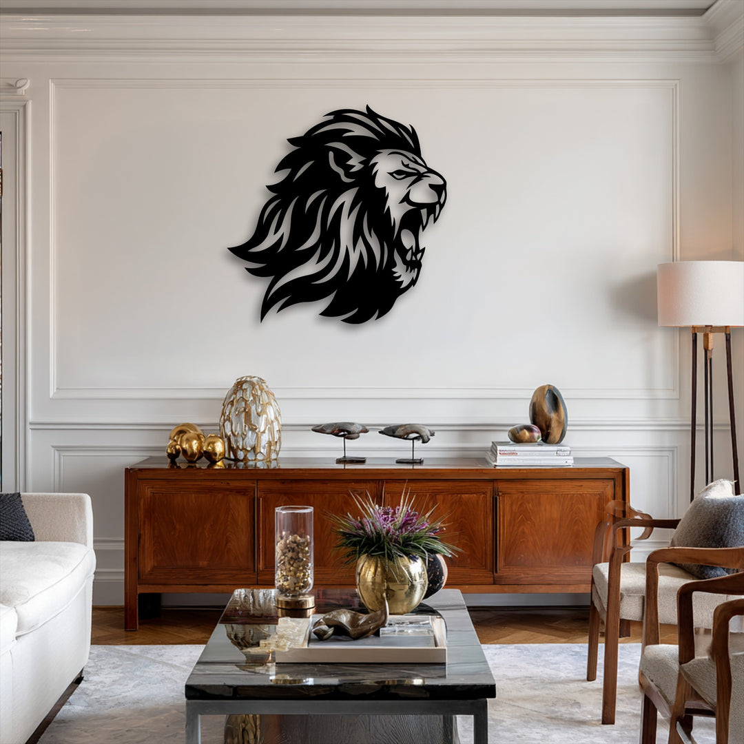 The impressive depth of the roaring lion head metal artwork is highlighted against the wall, layered above a wooden console and coffee table.