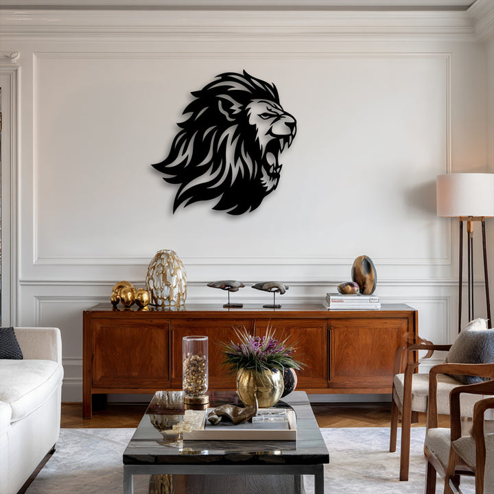 The impressive depth of the roaring lion head metal artwork is highlighted against the wall, layered above a wooden console and coffee table.