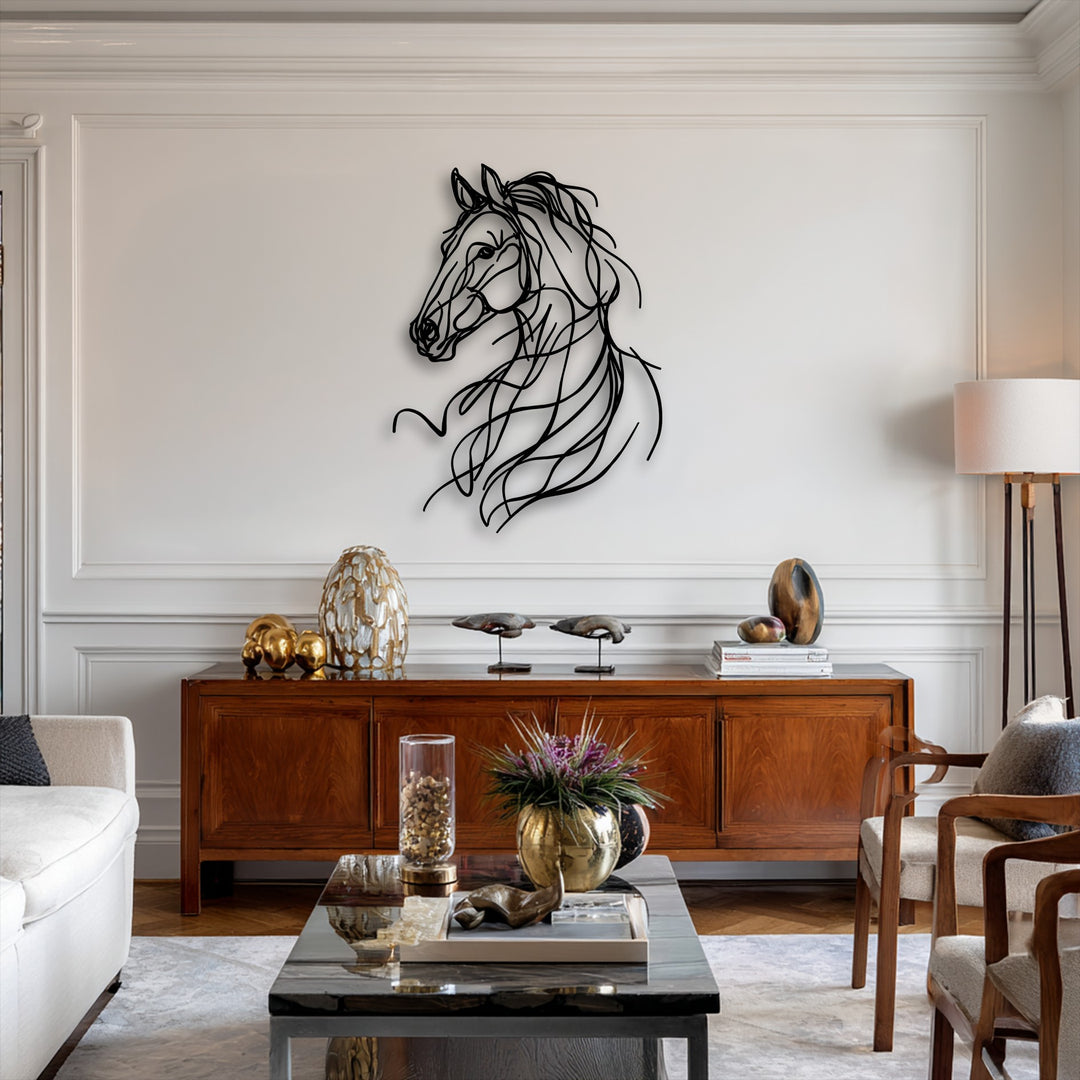 The luminous white wall beautifully highlights the graceful motion of the abstract horse line metal art for wall.