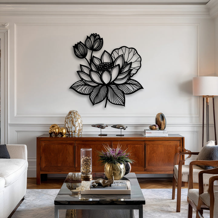 The elegant white paneled walls and intricate crown molding provide a sophisticated backdrop for the stunning lotus floral metal artwork.