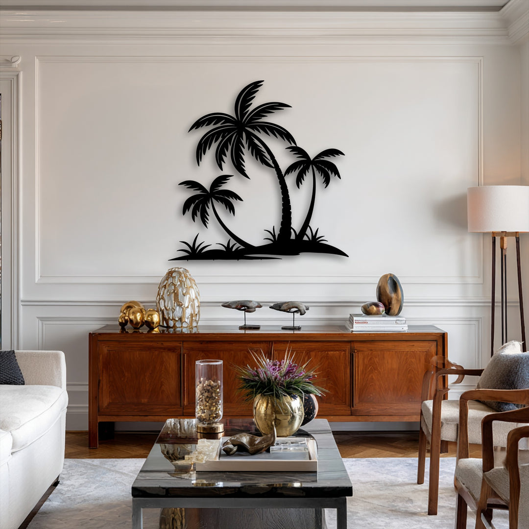 The serene stillness of a tropical island scene is beautifully conveyed by the elegant palm tree silhouette decorative metal art.