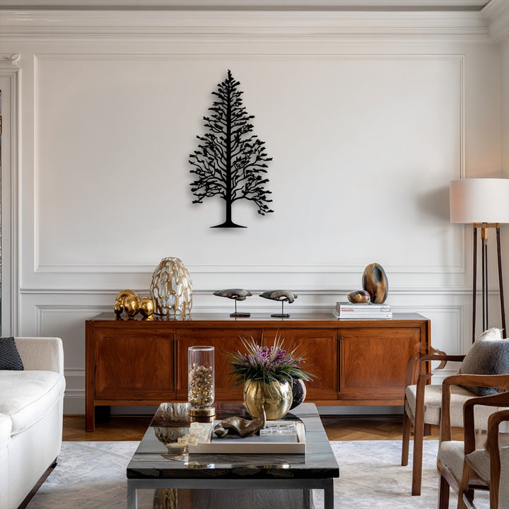 The intricate organic forms of a majestic pine tree silhouette are captured in striking metal wall decor.