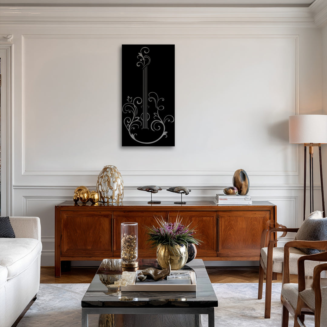 Plush, light-colored sofa cushions provide a soft contrast to the elegant guitar silhouette metal wall decor in a modern living room setting.